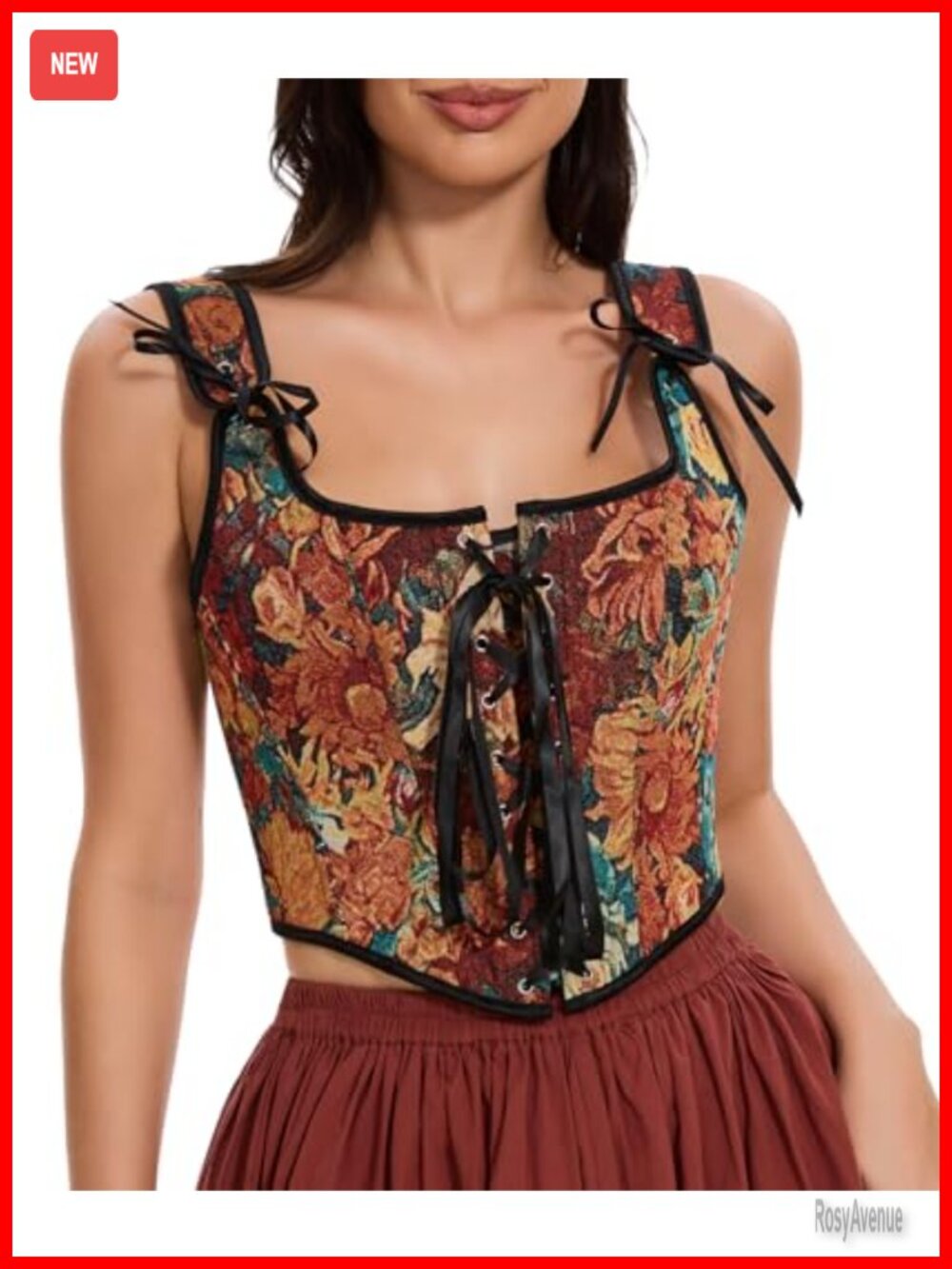Denim Corset Top Lace Up Overbust Bustier Floral Renaissance Crop